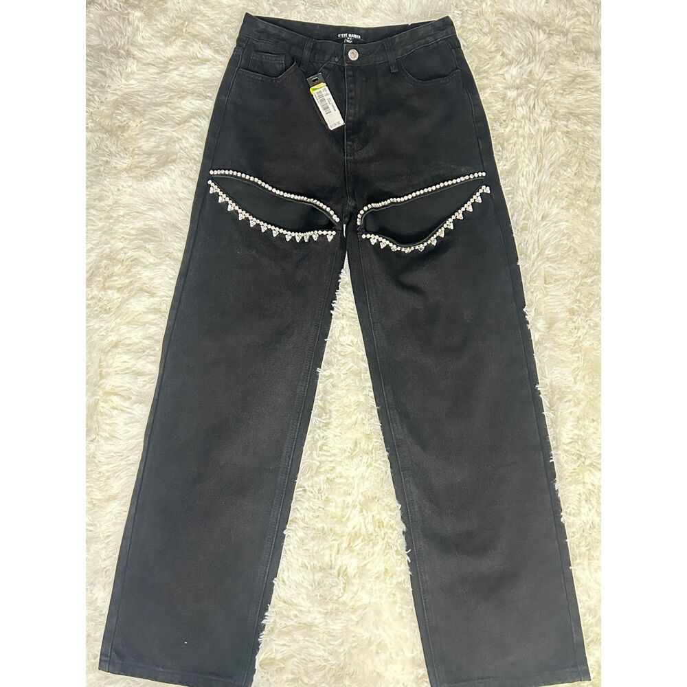 NWT Steve Madden Taylor Rhinestone Thigh Cutout Black Wide Leg Jeans 26